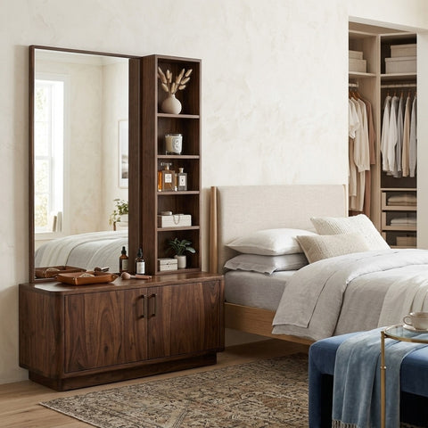 PRITI Sheesham Wood Dressing Table with Mirror and Storage (Dark Walnut Finish)