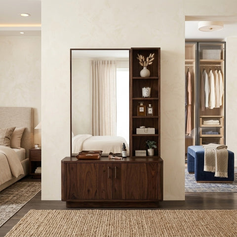 PRITI Sheesham Wood Dressing Table with Mirror and Storage (Dark Walnut Finish)