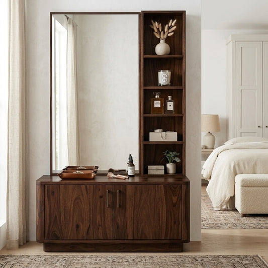 PRITI Sheesham Wood Dressing Table with Mirror and Storage (Dark Walnut Finish)