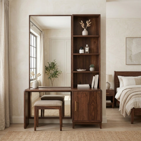 PRITI Sheesham Wood Dressing Table with Mirror and Storage (Dark walnut Finish)