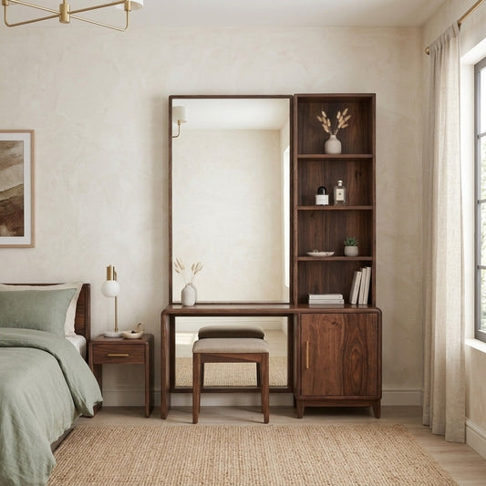 PRITI Sheesham Wood Dressing Table with Mirror and Storage (Dark walnut Finish)