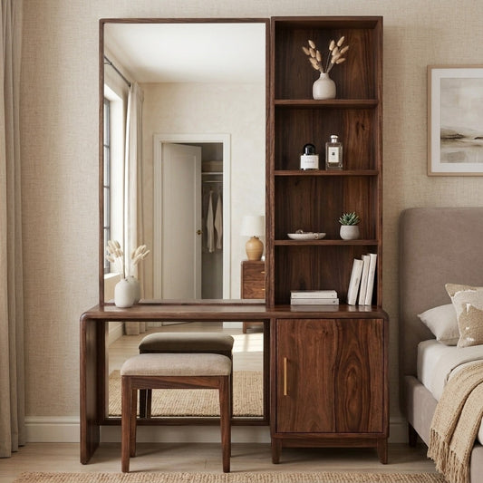 PRITI Sheesham Wood Dressing Table with Mirror and Storage (Dark walnut Finish)