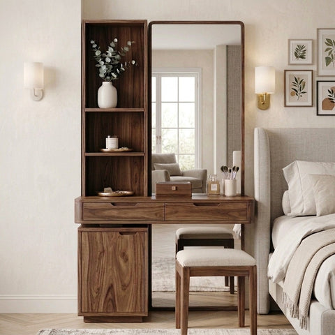 PRITI Sheesham Wood Dressing Table with Mirror and Storage (Dark Walnut Finish)