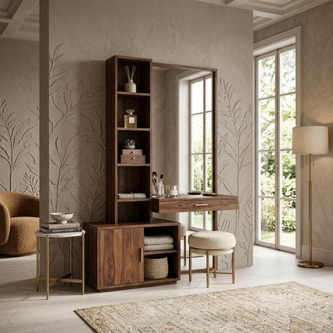 PRITI Sheesham Wood Dressing Table with Mirror and Storage (Dark Walnut Finish)