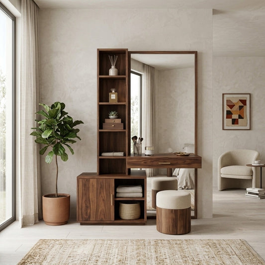 PRITI Sheesham Wood Dressing Table with Mirror and Storage (Dark Walnut Finish)