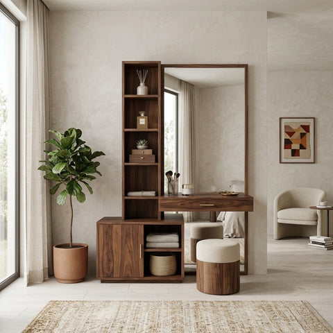 PRITI Sheesham Wood Dressing Table with Mirror and Storage (Dark Walnut Finish)