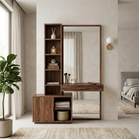 PRITI Sheesham Wood Dressing Table with Mirror and Storage (Dark Walnut Finish)