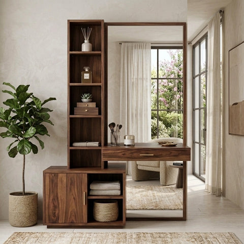 PRITI Sheesham Wood Dressing Table with Mirror and Storage (Dark Walnut Finish)