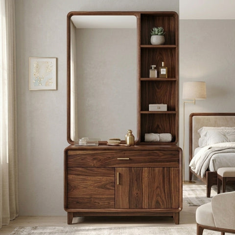 PRITI Sheesham Wood Dressing Table with Mirror and Storage (Dark Walnut Finish)
