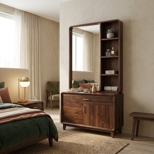 PRITI Sheesham Wood Dressing Table with Mirror and Storage (Dark Walnut Finish)