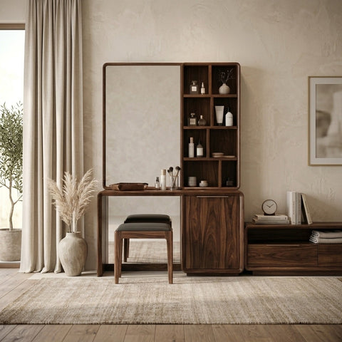 PRITI Sheesham Wood Dressing Table with Mirror and Storage (Dark walnut Finish)