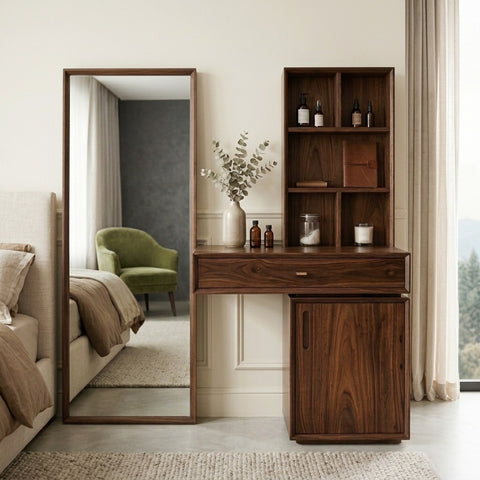 PRITI Sheesham Wood Dressing Table with Mirror and Storage (Dark Walnut Finish)