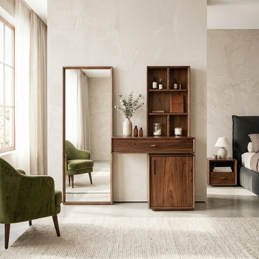 PRITI Sheesham Wood Dressing Table with Mirror and Storage (Dark Walnut Finish)
