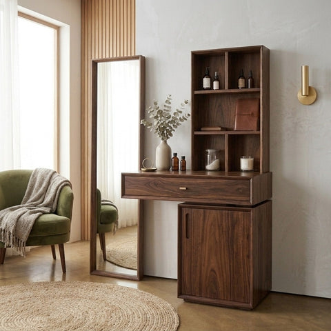 PRITI Sheesham Wood Dressing Table with Mirror and Storage (Dark Walnut Finish)