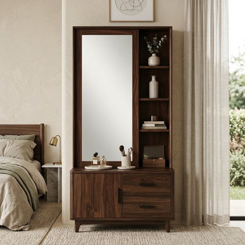 PRITI Sheesham Wood Dressing Table with Mirror and Storage (Dark Walnut Finish)