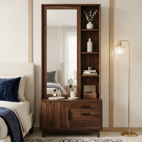 PRITI Sheesham Wood Dressing Table with Mirror and Storage (Dark Walnut Finish)