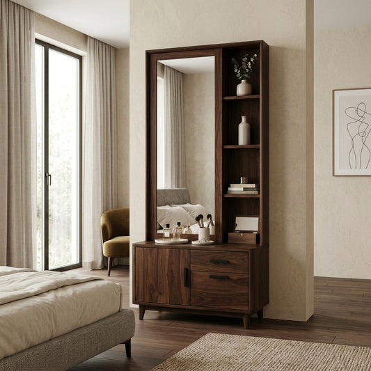 PRITI Sheesham Wood Dressing Table with Mirror and Storage (Dark Walnut Finish)