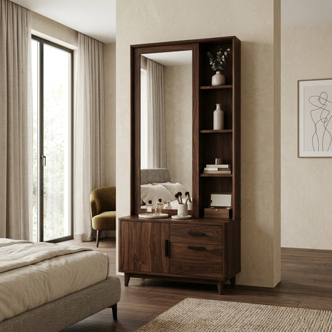 PRITI Sheesham Wood Dressing Table with Mirror and Storage (Dark Walnut Finish)