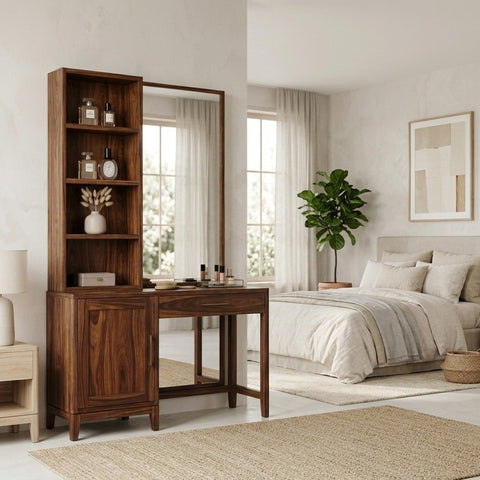 PRITI Sheesham Wood Dressing Table with Mirror and Storage (Dark Walnut Finish)