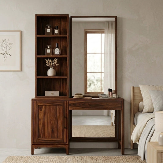 PRITI Sheesham Wood Dressing Table with Mirror and Storage (Dark Walnut Finish)
