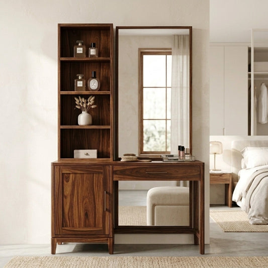 PRITI Sheesham Wood Dressing Table with Mirror and Storage (Dark Walnut Finish)