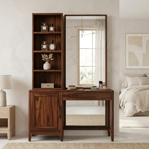 PRITI Sheesham Wood Dressing Table with Mirror and Storage (Dark Walnut Finish)