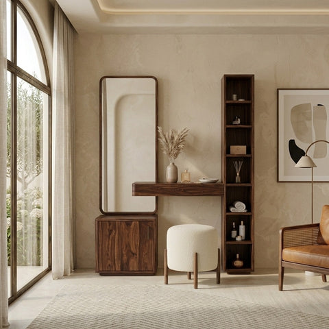 PRITI Sheesham Wood Dressing Table with Mirror and Storage (Dark Walnut Finish)