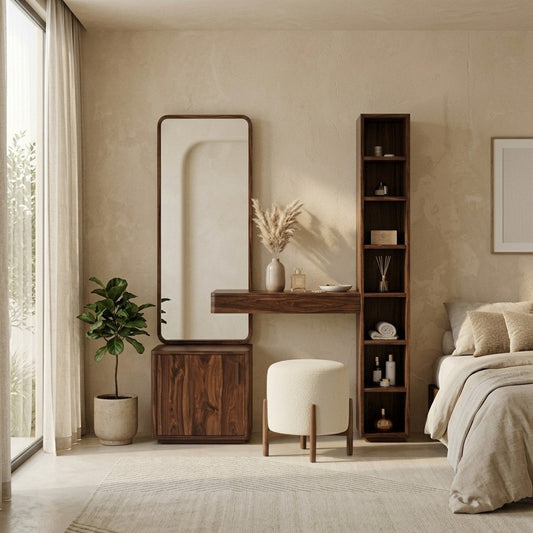PRITI Sheesham Wood Dressing Table with Mirror and Storage (Dark Walnut Finish)