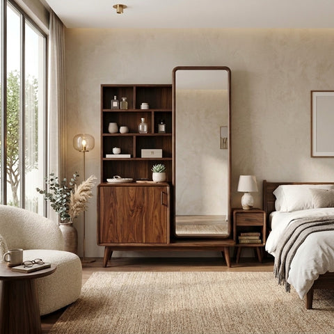 PRITI Sheesham Wood Dressing Table with Mirror and Storage (Dark Walnut Finish)