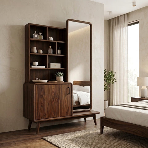 PRITI Sheesham Wood Dressing Table with Mirror and Storage (Dark Walnut Finish)
