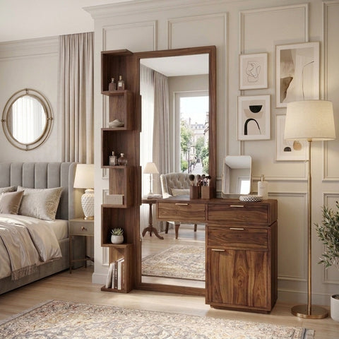 PRITI Sheesham Wood Dressing Table with Mirror and Storage (Dark Walnut Finish)