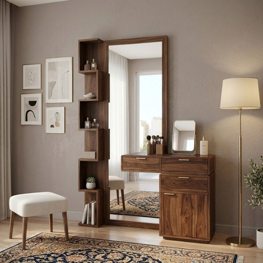 PRITI Sheesham Wood Dressing Table with Mirror and Storage (Dark Walnut Finish)