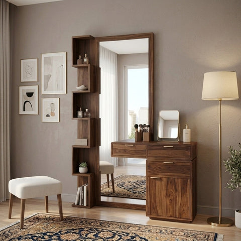 PRITI Sheesham Wood Dressing Table with Mirror and Storage (Dark Walnut Finish)