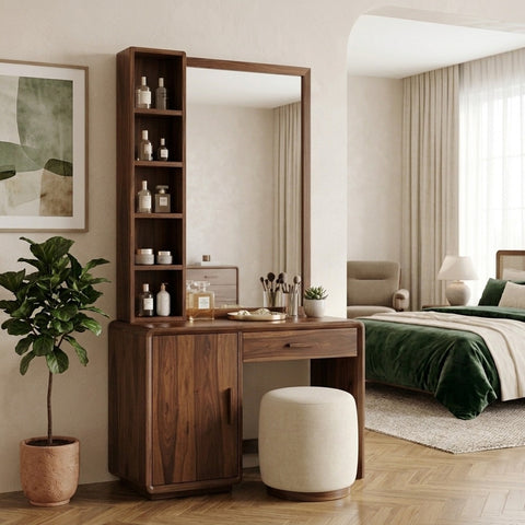 PRITI Sheesham Wood Dressing Table with Mirror and Storage (Dark Walnut Finish)