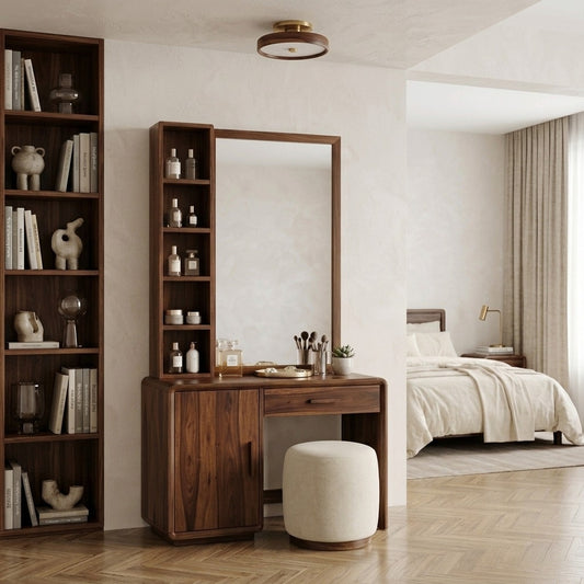 PRITI Sheesham Wood Dressing Table with Mirror and Storage (Dark Walnut Finish)