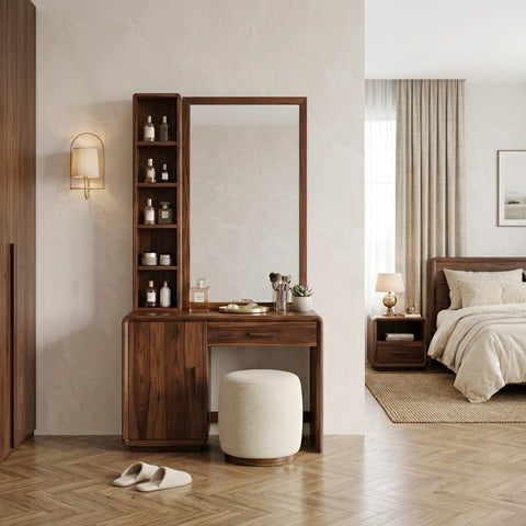 PRITI Sheesham Wood Dressing Table with Mirror and Storage (Dark Walnut Finish)