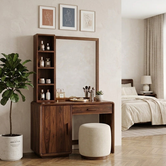 PRITI Sheesham Wood Dressing Table with Mirror and Storage (Dark Walnut Finish)