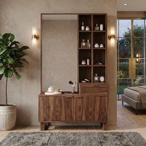 PRITI Sheesham Wood Dressing Table with Mirror and Storage (Dark Walnut Finish)