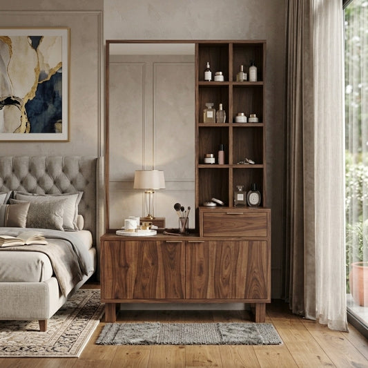 PRITI Sheesham Wood Dressing Table with Mirror and Storage (Dark Walnut Finish)