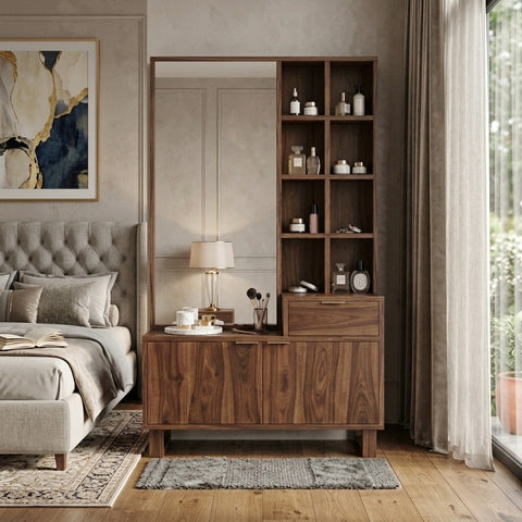 PRITI Sheesham Wood Dressing Table with Mirror and Storage (Dark Walnut Finish)