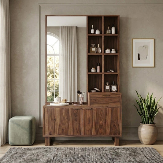 PRITI Sheesham Wood Dressing Table with Mirror and Storage (Dark Walnut Finish)