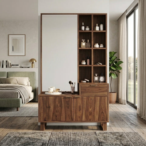 PRITI Sheesham Wood Dressing Table with Mirror and Storage (Dark Walnut Finish)