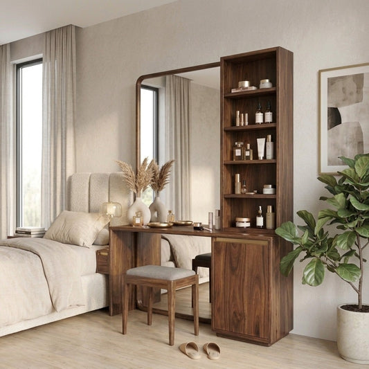 PRITI Sheesham Wood Dressing Table with Mirror and Storage (Dark Walnut Finish)