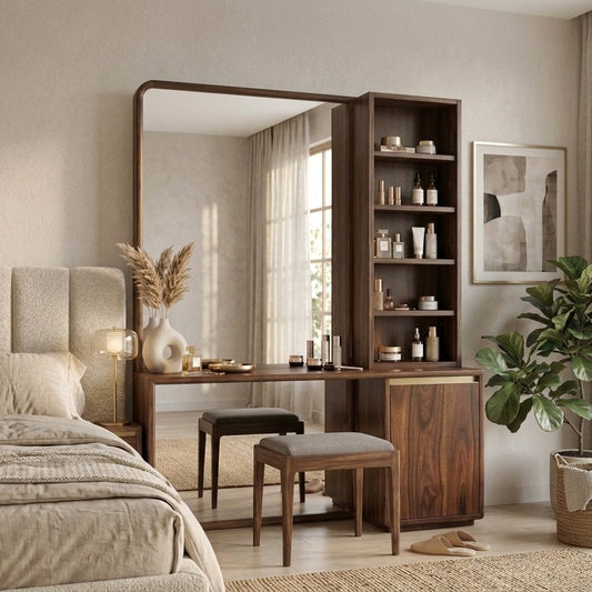 PRITI Sheesham Wood Dressing Table with Mirror and Storage (Dark Walnut Finish)