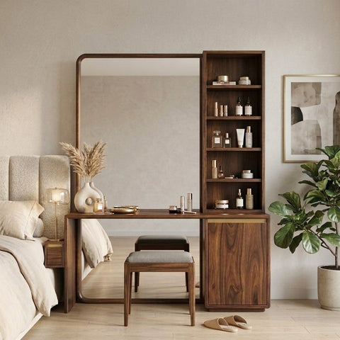 PRITI Sheesham Wood Dressing Table with Mirror and Storage (Dark Walnut Finish)