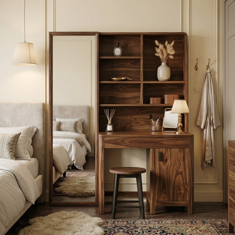 PRITI Sheesham Wood Dressing Table with Mirror and Storage (Dark Walnut Finish)