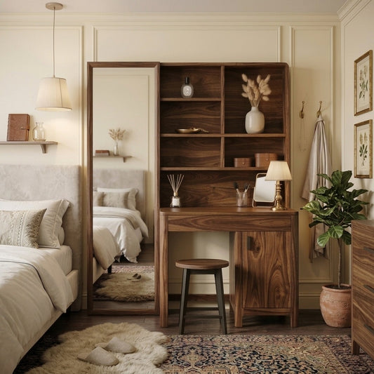 PRITI Sheesham Wood Dressing Table with Mirror and Storage (Dark Walnut Finish)