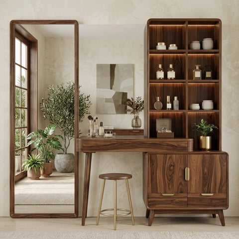 PRITI Sheesham Wood Dressing Table with Mirror and Storage (Dark Walnut Finish)