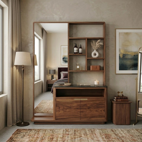 PRITI Sheesham Wood Dressing Table with Mirror and Storage (Dark walnut Finish)