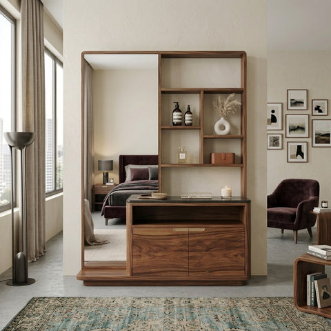 PRITI Sheesham Wood Dressing Table with Mirror and Storage (Dark walnut Finish)